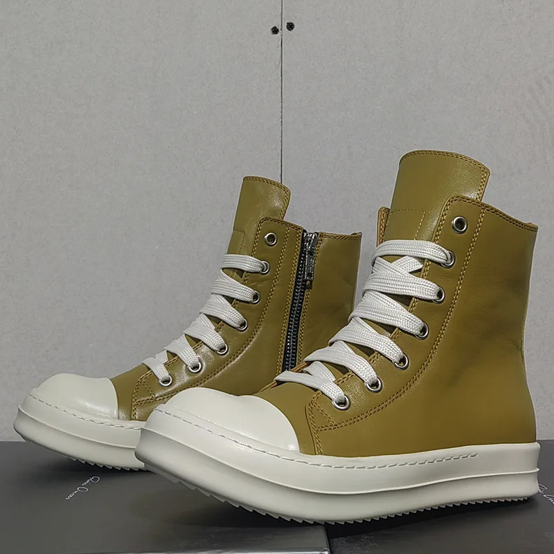 High Quality Fashion Thick Sole Design Casual Boots Luxury Yellow Original Sheepskin Famous Lacing Zip Brand High End Men Shoes