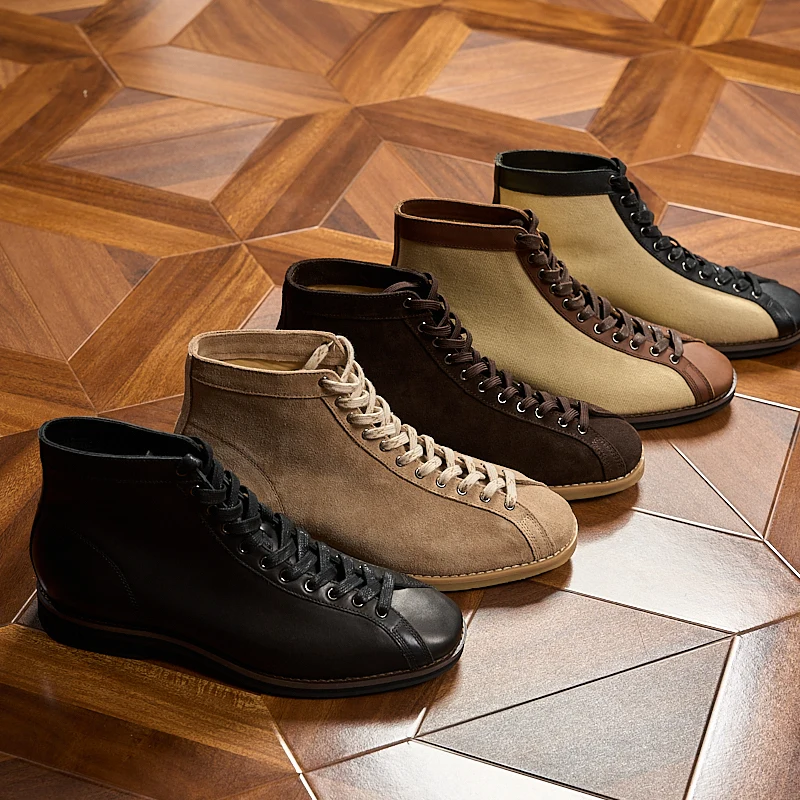 Men’s Handmade Leather Ankle Boots Vintage Lace-Up High Top Motorcycle Shoes with Black Stitching Detail