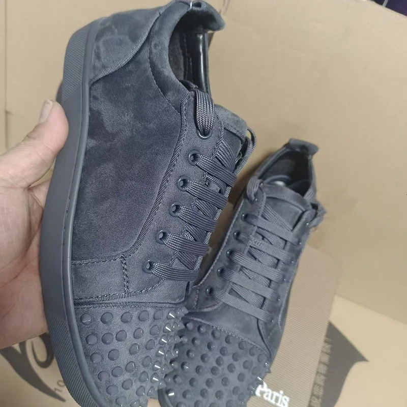 men's casual rock stage spikes studded shoes lace-up cow suede leather rivets shoe black grey flats platform sneakers footwear