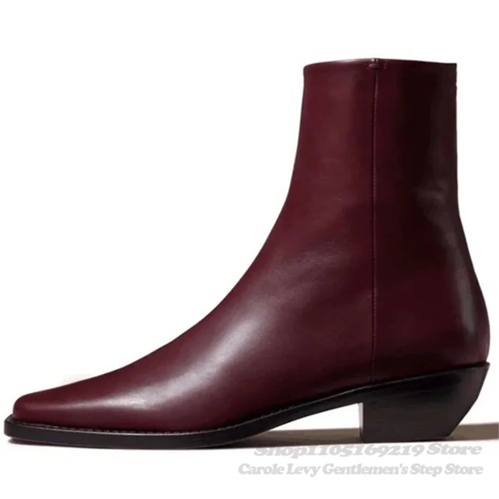 Wine Red Genuine Leather Mens Ankle Boot Pointed Toe Side Zipper Low Heel Handmade Solid Color Chelsea Boots Male Shoes