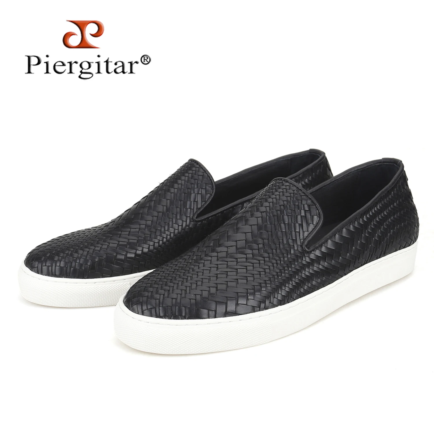 Piergitar Handmade Waxed Woven Leather Slip-On Sneakers For Leisure And Daily Wear Height Increase White Thick Soled Men's Shoes