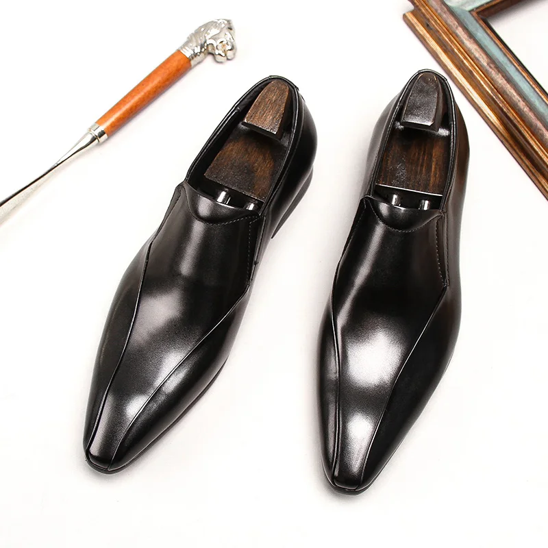 Spring/Autumn Men's Genuine Leather Pointed Toe Slip-On Black/Brown Business Office Wedding For Men Flats Shoes